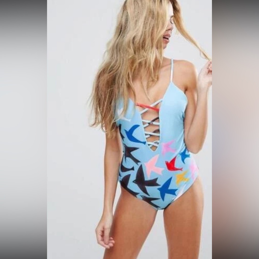 NWT $240 Mara Hoffman Bird lattice Sky Blue One Piece Swimwear Size XL